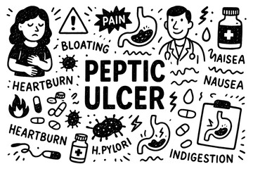 Peptic ulcer doodle composition with doctors, stomach pain, and acid icons, Transparent Background