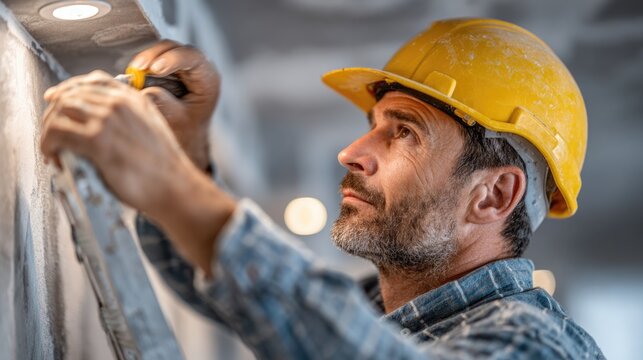 Construction worker with yellow hard hat measuring wall height with tape measure in modern interior renovation project at a commercial building site