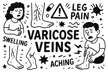 Varicose veins doodle composition with legs, doctors, and medical treatment icons, Transparent Background