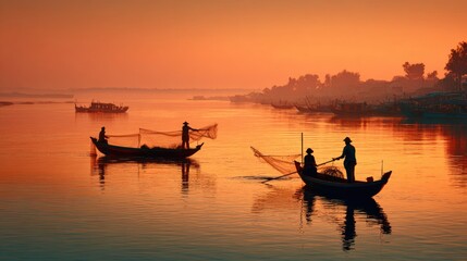 Fishermen at Dawn on Tranquil Waterway, Casting Nets into Golden Sunrise Reflections with Lush Landscape in Background and Calm Serenity All Around