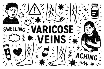 Varicose veins doodle composition with legs, doctors, and medical treatment icons, Transparent Background