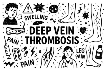 Deep vein thrombosis doodle composition with doctors, leg pain, and blood clot icons, Transparent Background