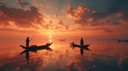 Serene Landscape of Fishermen Silhouetted Against Vibrant Sunset Reflections Over Calm Water with Birds Flying in the Sky