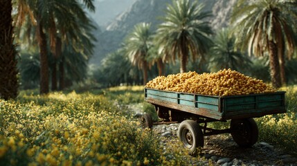 Scenic Landscape with Cart Full of Fresh Citrus Fruits Among Lush Green Fields and Palm Trees in a Serene Mountain Setting