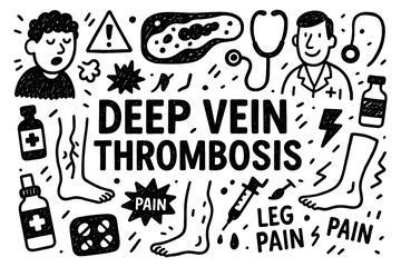 Deep vein thrombosis doodle composition with doctors, leg pain, and blood clot icons, Transparent Background