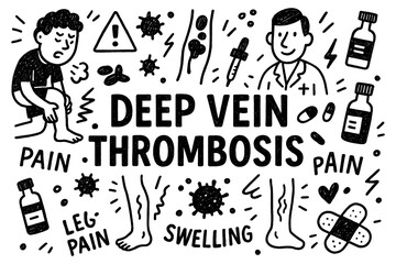Deep vein thrombosis doodle composition with doctors, leg pain, and blood clot icons, Transparent Background