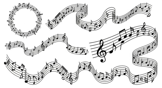 Collection of musical note vector designs flowing ribbons and circular arrangements perfect for backgrounds and decorative elements