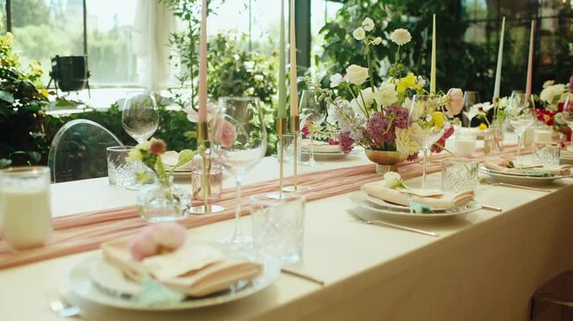 Slow slider shot of an elegant wedding reception table decor in a sunny greenhouse venue