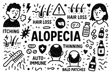 Alopecia and hair loss doodle composition with people, bald patches, and scalp care icons, Transparent Background
