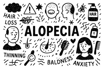 Alopecia and hair loss doodle composition with people, bald patches, and scalp care icons, Transparent Background