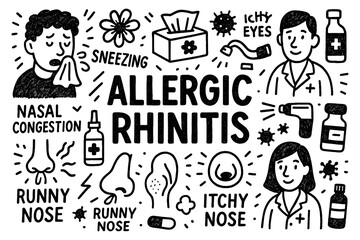 Allergic rhinitis doodle composition with doctors, pollen, and nasal allergy icons, Transparent Background