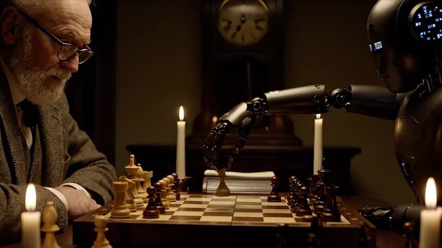 man faces robot across chess board. move recorded on clock beside candle on table. strategy unfolds as opponent studies positions. quiet duel in dim room. clock face glows softly. move timer ticks.