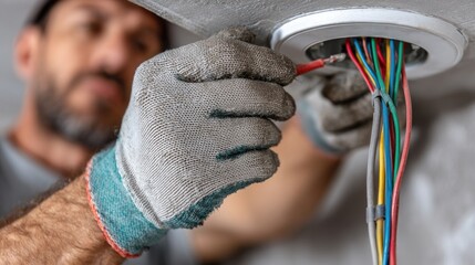 Skilled electrician working on electrical wiring installation of ceiling light fixture in modern home interior with focus on tools and safety gloves