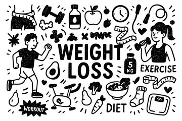 Weight loss doodle composition with people, healthy food, and workout icons, Transparent Background