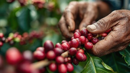 Close-up of Hands Picking Fresh Coffee Cherries from a Branch Surrounded by Lush Green Leaves on a Sunny Day in a Coffee Farm Setting