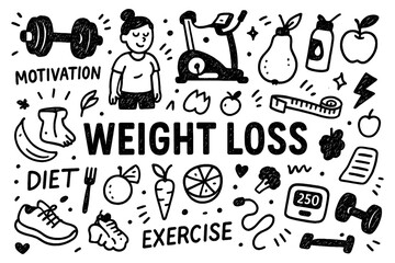Weight loss doodle composition with people, healthy food, and workout icons, Transparent Background