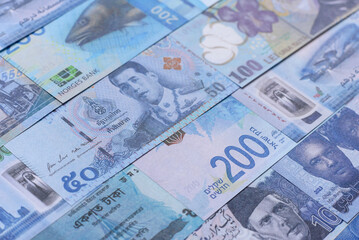 Money background, currency, paper banknotes from different countries. Money cash currency, blue
