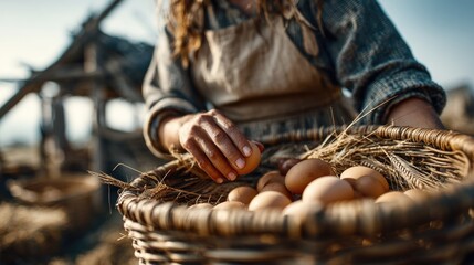 Farmer Harvesting Fresh Eggs from Basket in Rustic Farm Setting on Bright Sunny Day with Natural Elements in Background