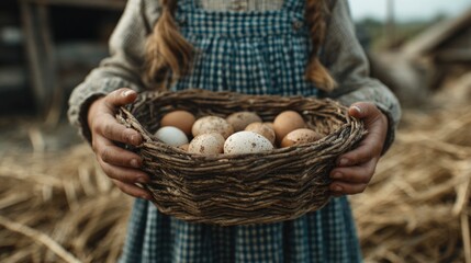 A young girl with braids holds a rustic basket filled with freshly gathered eggs in a rural farm setting, showcasing simplicity and connection to nature.