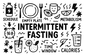 Intermittent fasting doodle composition with clocks, food, and time window icons, Transparent Background