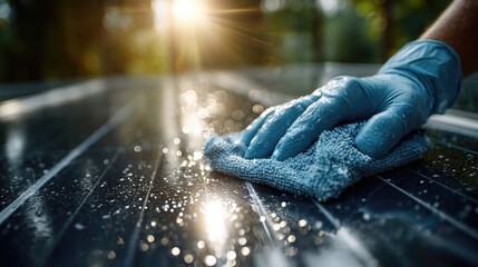 Close-up of hand wearing blue glove cleaning solar panel surface with cloth, sun shining through trees in the background, shiny water droplets present