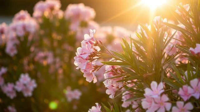 Close Up Of Pink Oleander Flowers In Soft Golden Sunlight With Lens Flare Effect