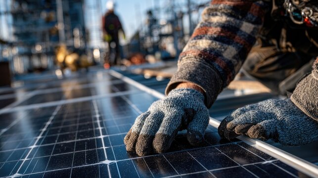 Skilled Worker Installing Solar Panel on Rooftop in Urban Environment with Clear Blue Sky and Construction Workers in Background