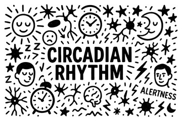 Circadian rhythm doodle composition with clocks, brain, and sleep cycle icons, Transparent Background