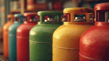 Colorful Gas Cylinders in a Row Featuring Red, Green, Yellow, and Blue Colors Captured in a Vintage Workshop Setting in Soft Focus