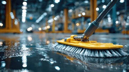 Clean Floor Maintenance with Yellow Mop Tool in Industrial Warehouse Setting Reflecting Bright Lights and Machinery in Background for Commercial Use