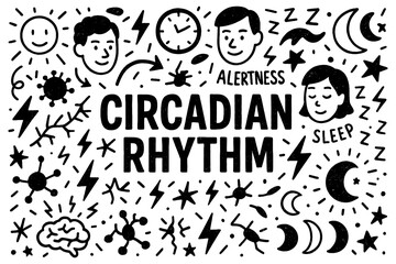 Circadian rhythm doodle composition with clocks, brain, and sleep cycle icons, Transparent Background
