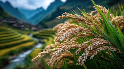 Golden Rice Fields Under a Majestic Blue Sky Surrounded by Verdant Mountains with a Serene Stream Flowing in the Background Captured in a Tranquil Moment