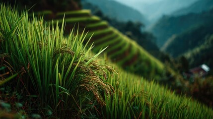 Lush Green Rice Fields with Terraced Landscape in Mountains, Capturing the Beauty of Agricultural Farming in Nature's Serenity and Vibrant Growth