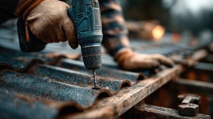 Close-Up of Skilled Worker Using Power Drill on Rusty Corrugated Metal Roof During Construction Project in a Wooded Area