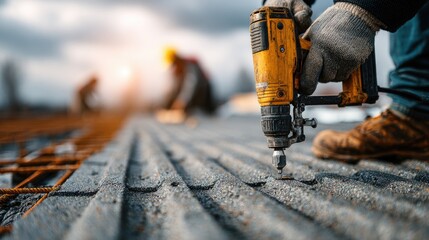 Construction Worker Using Power Tool for Concrete Reinforcement with Colleagues Working in Background on a Construction Site