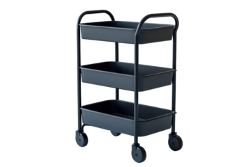 Three tier rolling storage cart isolated on transparent background. Black rolling cart with three tiers and wheels on white background.
