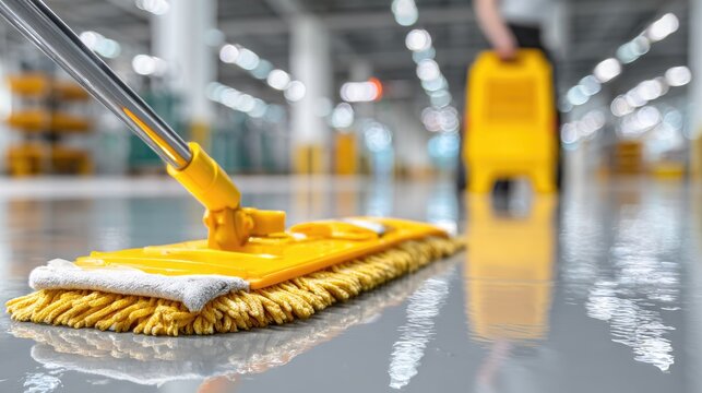 Cleaning Process with Mop in Bright Modern Warehouse, Shiny Floor Surface, Bright Lighting, Professional Janitorial Work Environment