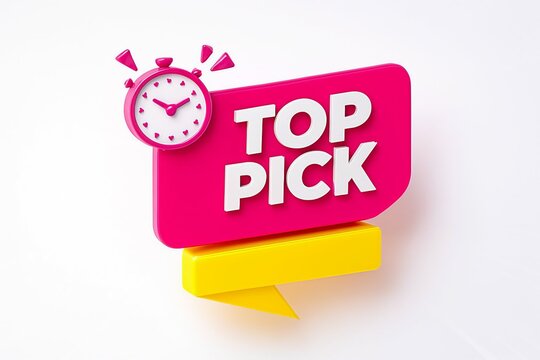 Bright pink and yellow speech bubble with the words top pick and a small alarm clock indicating urgency or a limited time offer