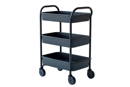 Three tier rolling storage cart isolated on transparent background. Black rolling cart with three tiers and wheels on white background.