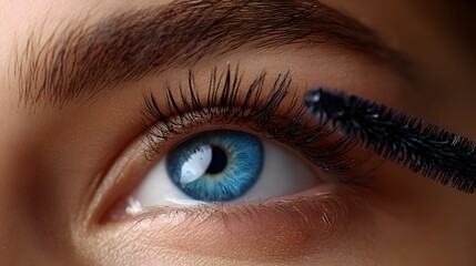 A close up of blue eyes applying mascara