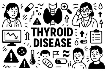 Thyroid disease doodle composition with doctors, hormones, and medical icons, Transparent Background