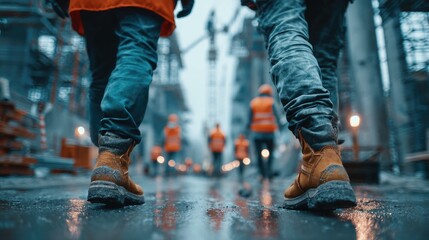 Construction workers walking on a busy site with safety gear and orange vests, industrial setting during blue hour with machinery and scaffolding