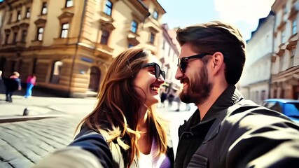 Prague, Czech Republic, Europe. A man and a woman are taking a selfie in an urban setting. The man is wearing sunglasses and a black jacket, while the woman has long, wavy hair.