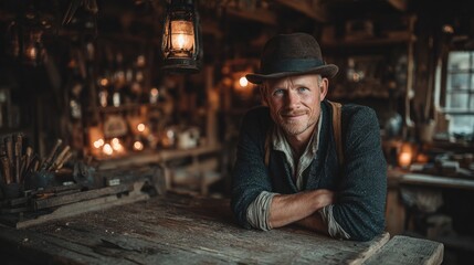 Portrait of a Skilled Artisan in a Rustic Workshop Surrounded by Handcrafted Tools and Vintage Lighting, Capturing the Essence of Traditional Craftsmanship