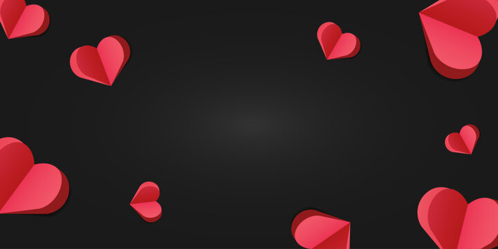 Valentine's Day concept banner with cut out paper hearts on a black background with space for text for romantic greeting cards, wedding invitations, love themed posters, social media, website. Vector
