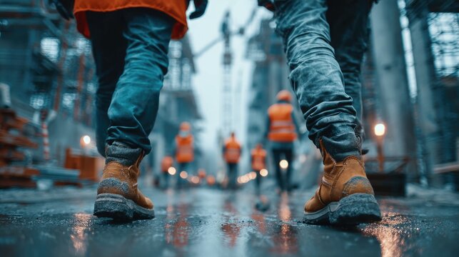 Construction workers walking on a busy site with safety gear and orange vests, industrial setting during blue hour with machinery and scaffolding