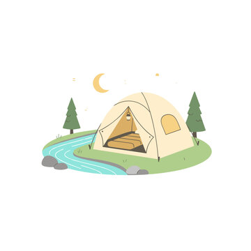 Minimalist Vector Scene Depicting Two Hikers Beside a Tent Under Tall Pine Trees In Flat Design Style With a Crescent Moon In The Night Sky