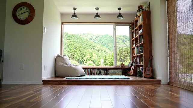 Cozy Reading Nook with a Scenic View Books, Nature, and Comfort