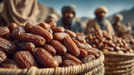 Freshly harvested dates in traditional baskets with blurred traders in the background showcasing a vibrant market scene in an arid region