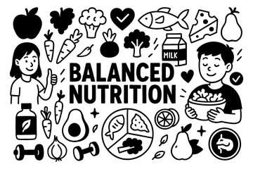 Balanced nutrition doodle composition with people, healthy food, and diet plan icons, Transparent Background
